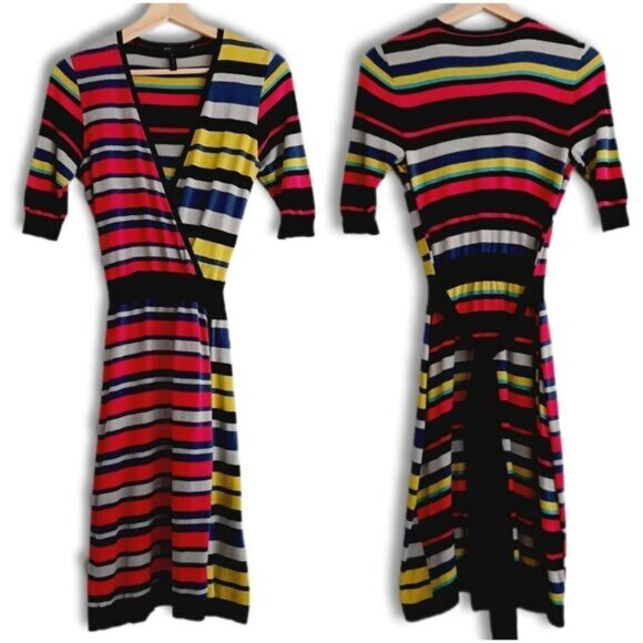 BCBG MAXAZRIA Elia Surplice Faux Wrap Fine Knit Stripe V-Neck Dress Sz S - Picture 2 of 16